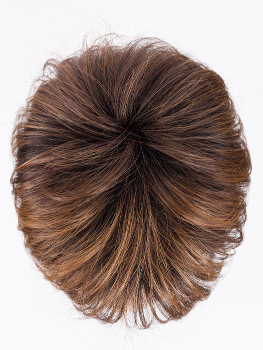 ELAN by ELLEN WILLE in CHOCOLATE ROOTED 830.27.33 | Medium Brown, Light Auburn, Dark Strawberry Blonde, and Dark Auburn blend with Dark Shaded Roots