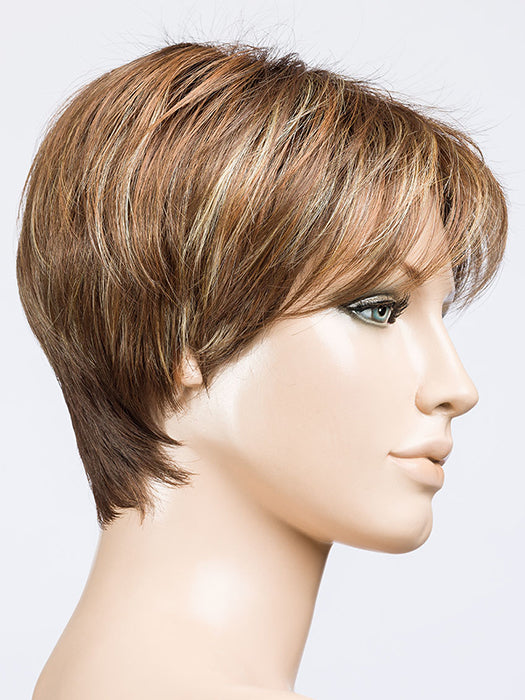 ELAN by ELLEN WILLE in TOBACCO ROOTED 8.27.26 | Medium Brown, Dark Strawberry Blonde, and Light Golden Blonde blend with Dark Shaded Roots