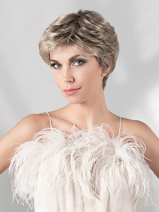 GALA by ELLEN WILLE in SANDY-BLONDE-ROOTED 24..14.16 | Medium Honey Blonde, Light Ash Blonde, and Lightest Reddish Brown blend with Dark Roots