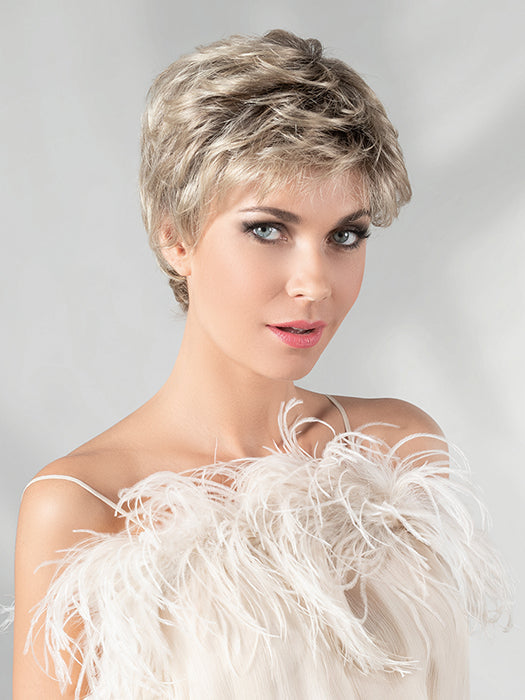 GALA by ELLEN WILLE in SANDY-BLONDE-ROOTED 24..14.16 | Medium Honey Blonde, Light Ash Blonde, and Lightest Reddish Brown blend with Dark Roots
